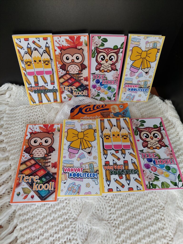 Šokolaaditaskuga käsitöökaart. Taskusse mahub 100g šokolaad.